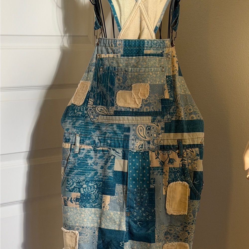 Denim patchwork short overalls adorable - image 1